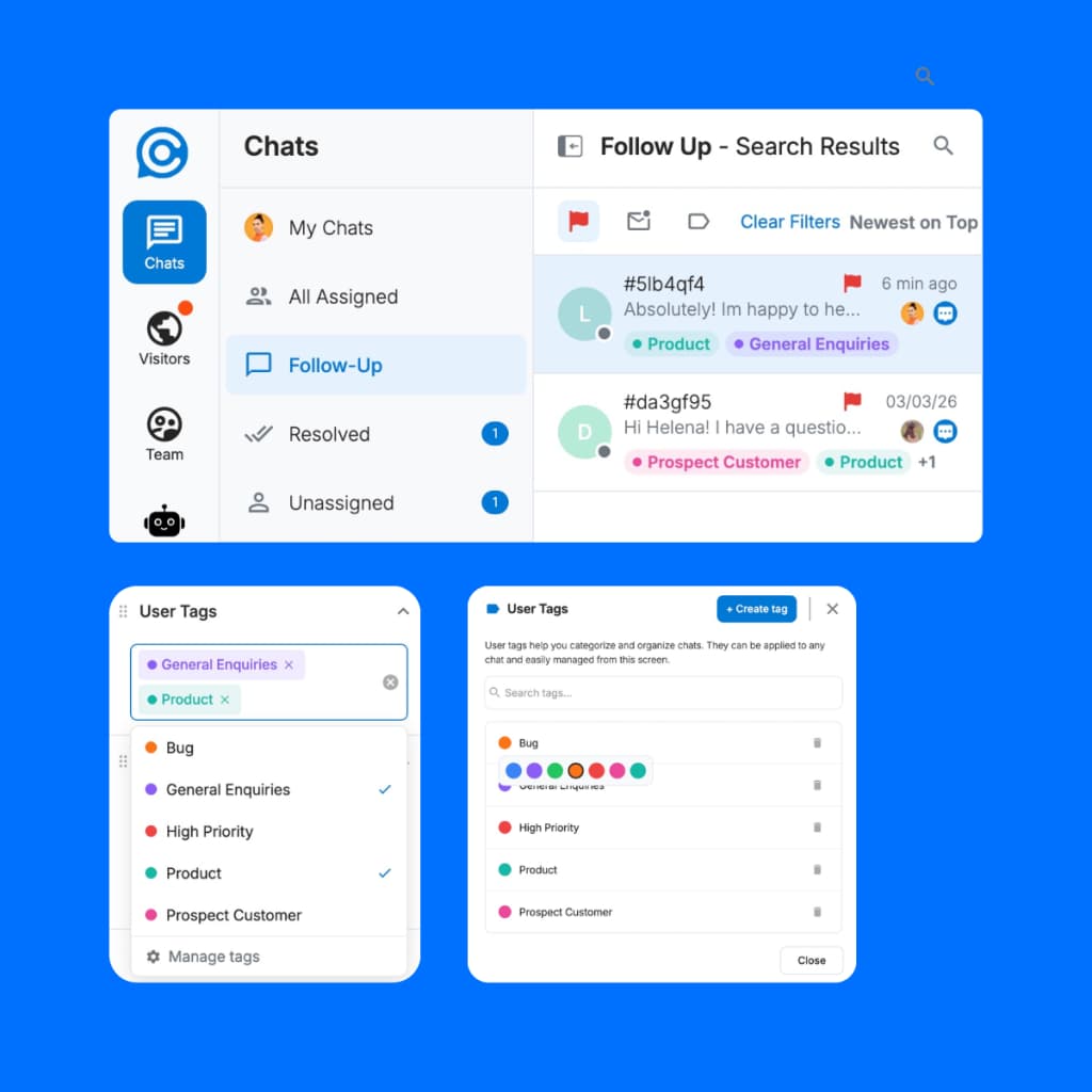 LenoChat-Dashboard mit Follow-up-Tags und Gesprächsorganisation durch farbcodierte Labels