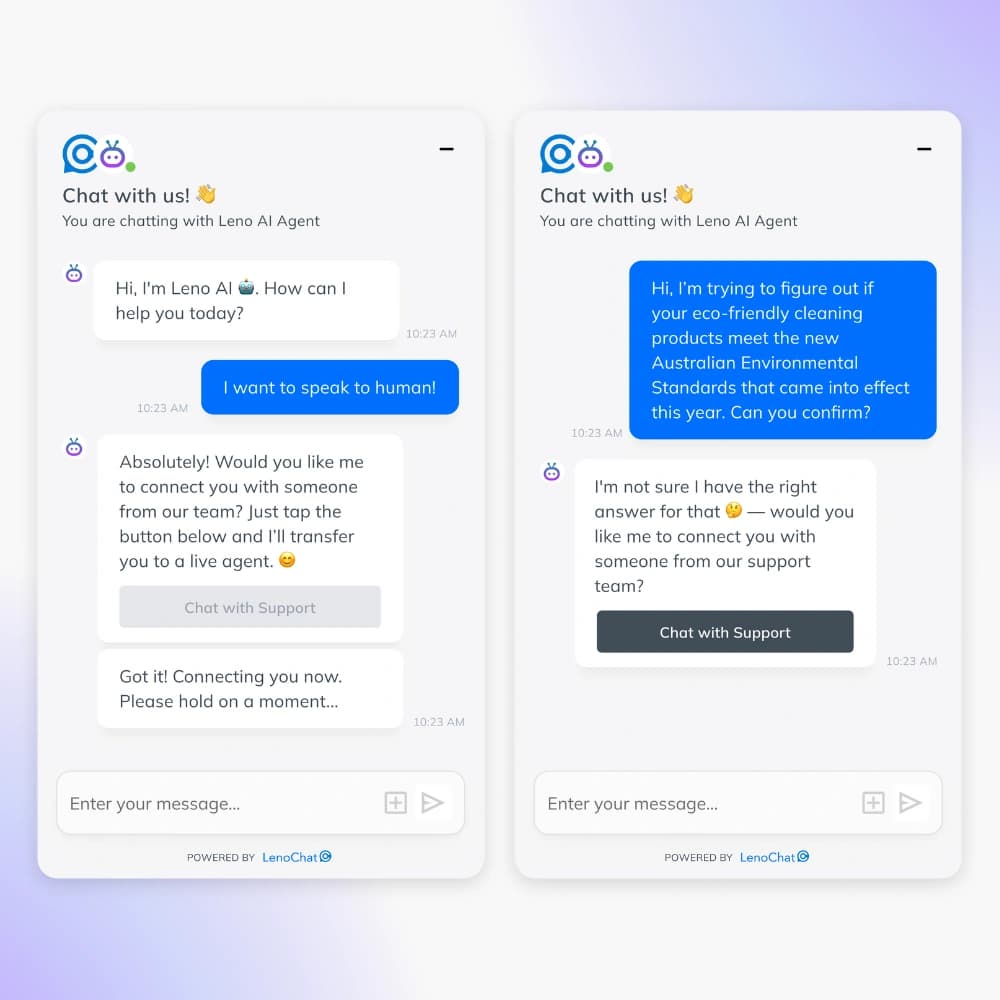 Leno AI smart handoff from AI agent to human support