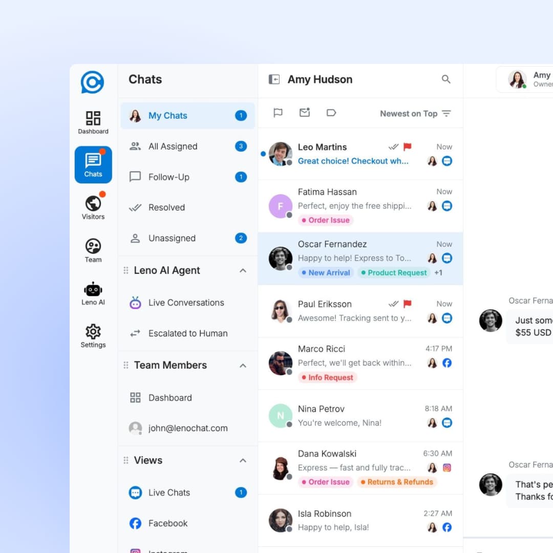 LenoChat dashboard showing organised conversations with tags, filters, and follow-up tracking