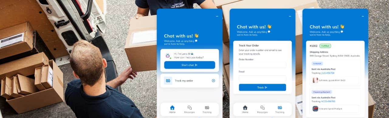 LenoChat mobile chat widget with self-service order tracking for Shopify customers