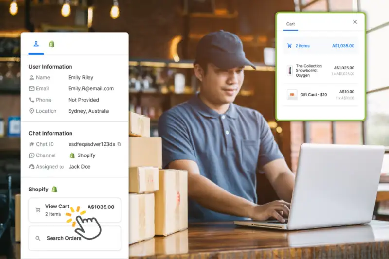 LenoChat Shopify integration showing live cart contents during customer chat