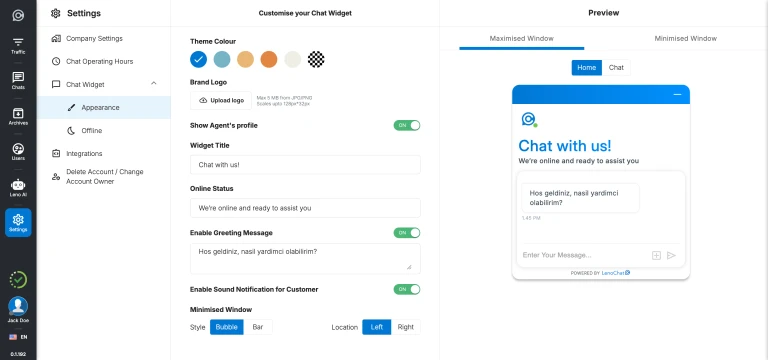 LenoChat Widget Customisation settings panel overview showing accordion sections in the dashboard
