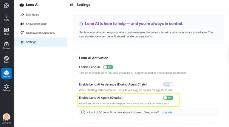 Leno AI Agent (ChatBot) toggle switch in Leno AI settings enabling the Chatbot Message Templates section