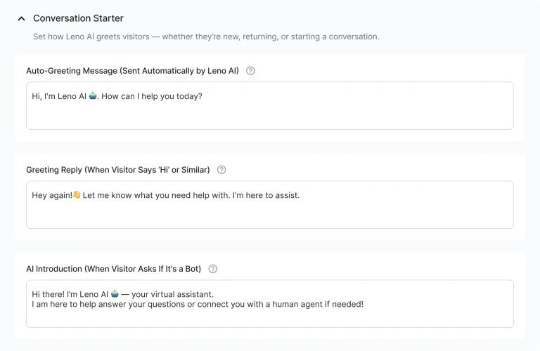 Conversation Starter template fields in Leno AI Chatbot Message Templates settings panel