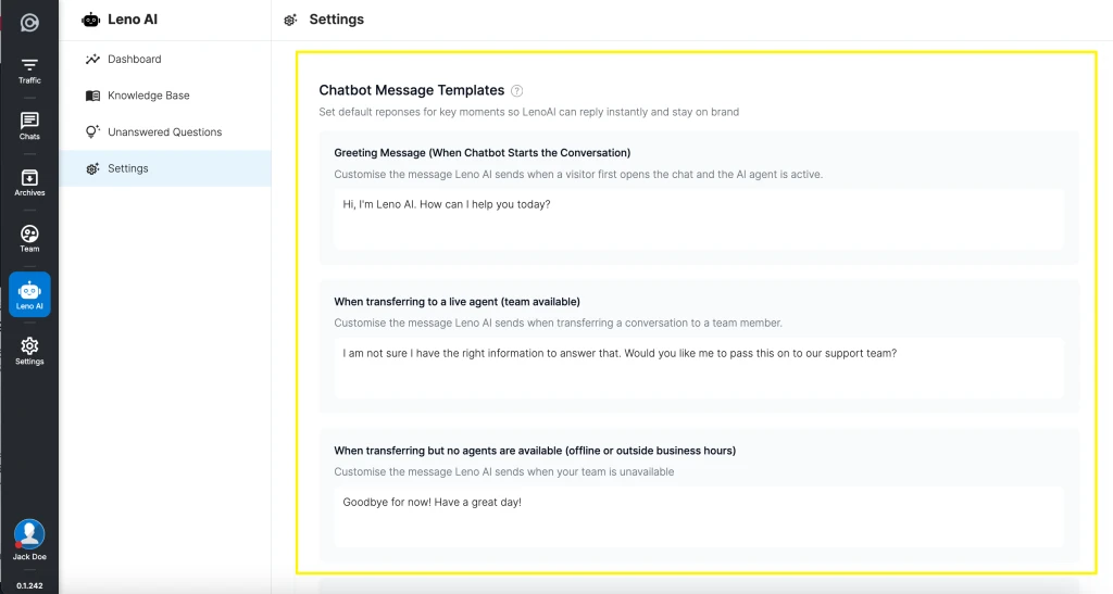 Leno AI Agent customised message configuration panel showing transfer preset response and closing message settings