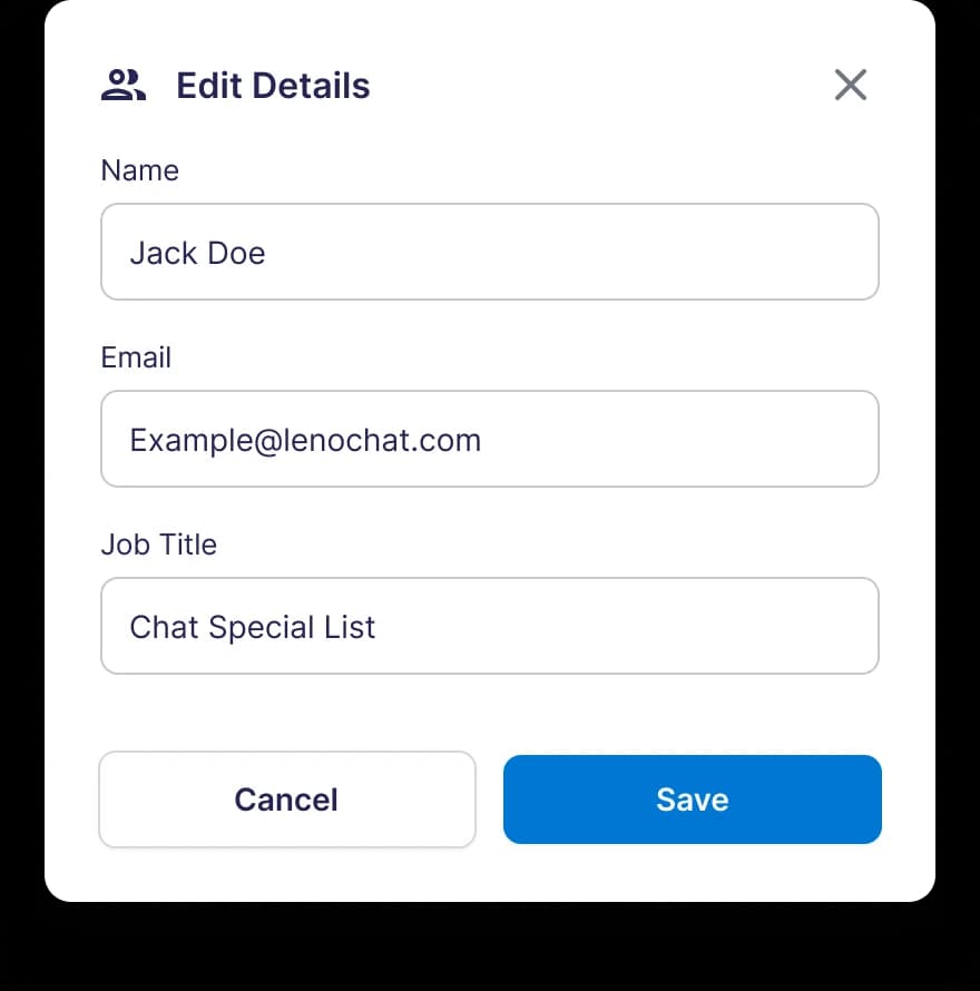 LenoChat Edit Details panel showing Name and Job Title fields with the Email field greyed out
