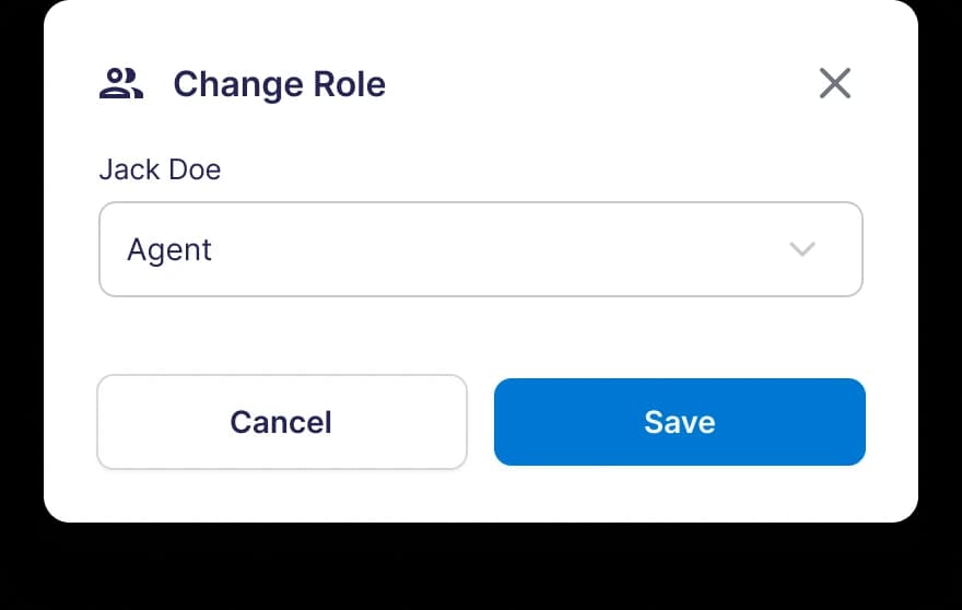 LenoChat Change Role dialog showing the option to assign a new role to a teammate