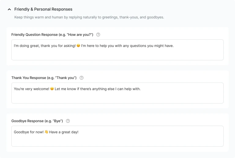 Friendly and Personal Responses template fields in Leno AI Chatbot Message Templates showing thank you and goodbye message settings