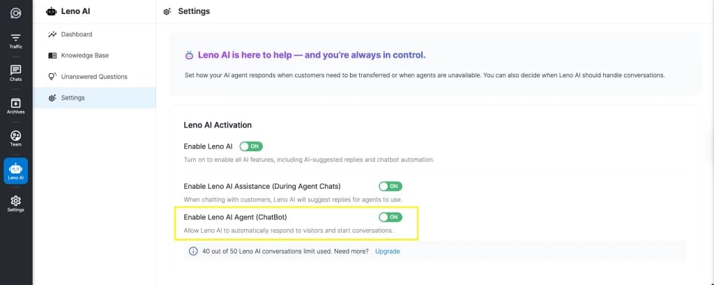 Leno AI Agent chatbot activation panel in LenoChat dashboard showing the three AI toggles — Enable Leno AI, Enable Leno AI Copilot, and Enable Leno AI Agent