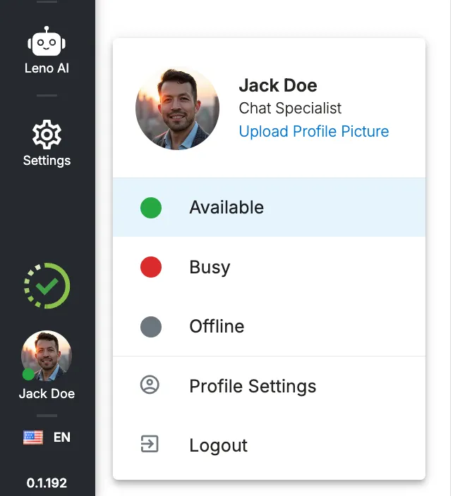 Switching chat availability status in LenoChat from the bottom-left toolbar