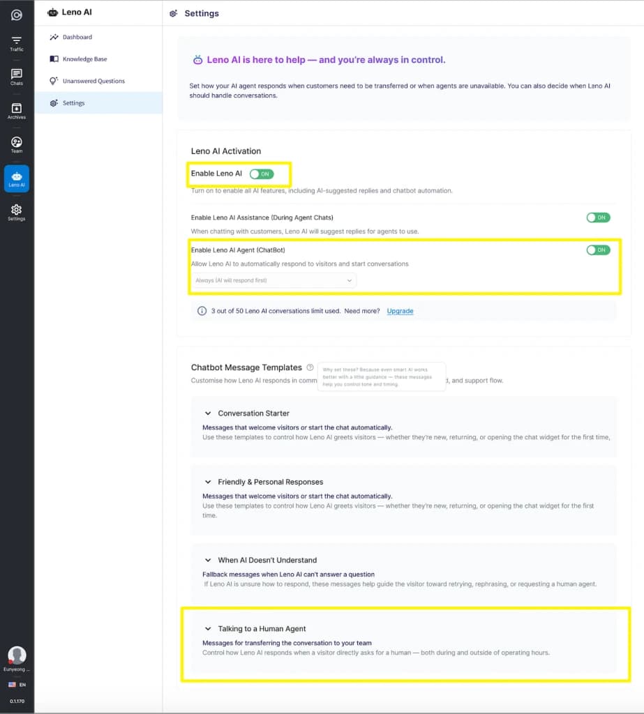 LenoChat notification center showing a new unassigned conversation from a human agent handoff request