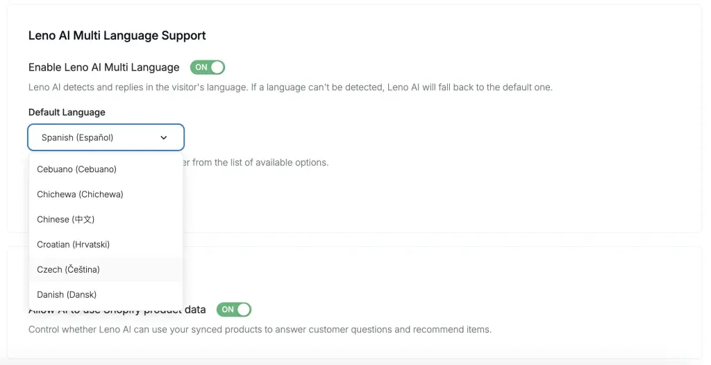 Default language dropdown in Leno AI Multi-Language settings