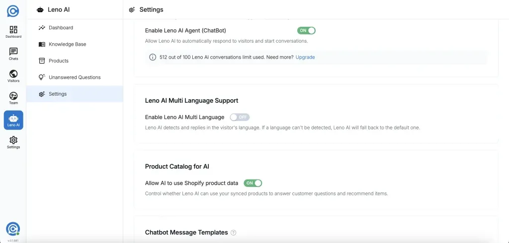Leno AI Multi-Language Support toggle in Leno AI settings
