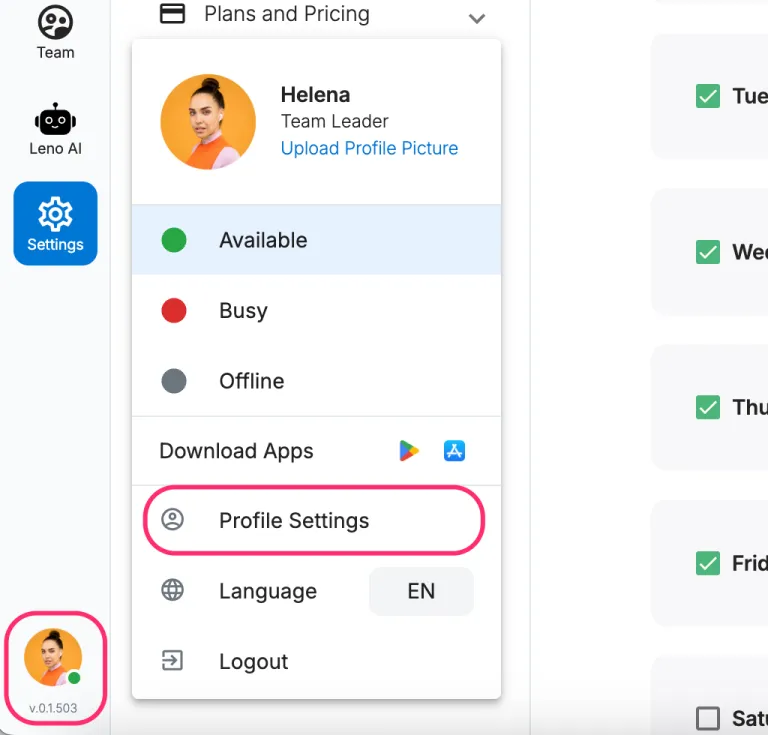 LenoChat dashboard toolbar showing how to access Profile Settings from the bottom-left profile menu