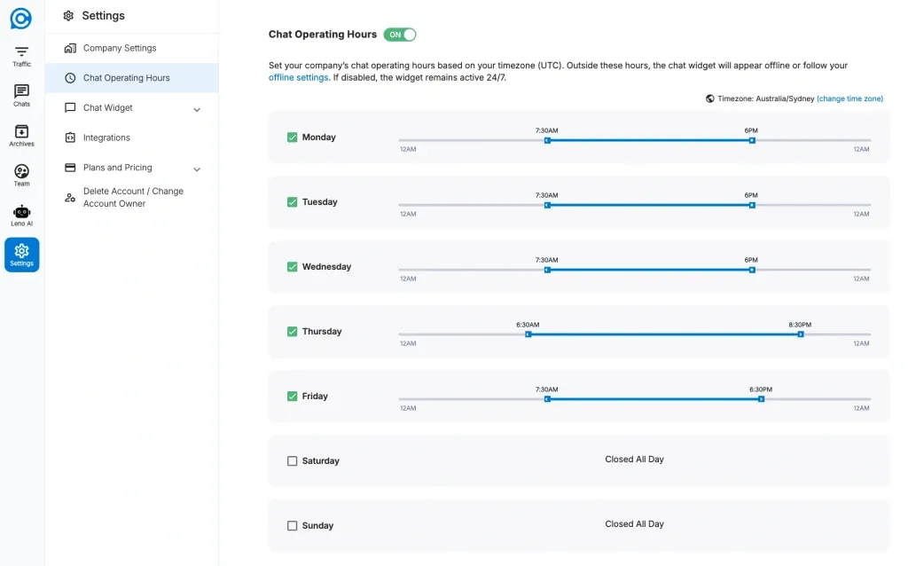 LenoChat Chat Operating Hours settings page showing the master enable toggle and day-by-day schedule configuration for the week
