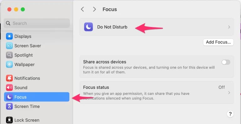 macOS Focus settings showing Do Not Disturb configuration and how to allow Chrome notifications through Focus mode