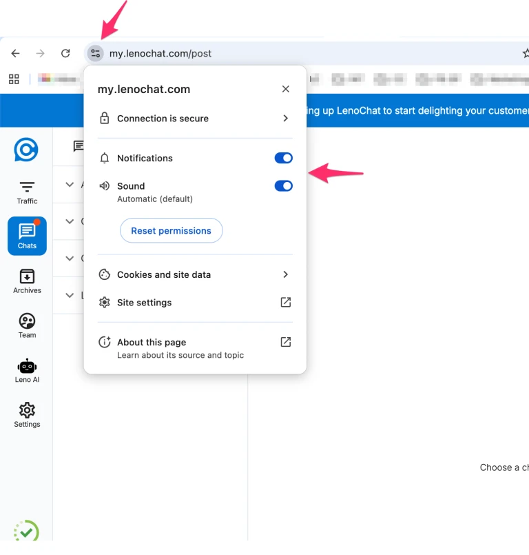LenoChat notification settings showing the sound notification preferences enabled for all three event types