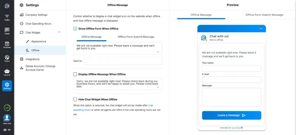 Enable offline form settings in LenoChat widget customisation for capturing visitor contact details after business hours