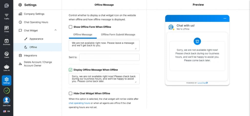 Offline message configuration in LenoChat widget customisation showing away text and expected response time settings