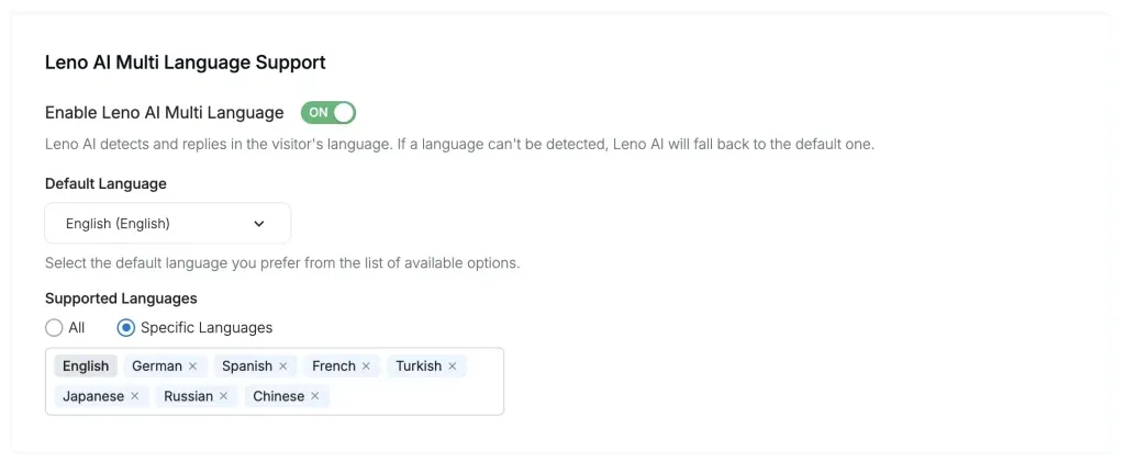 Specific language chip selection in Leno AI Multi-Language settings