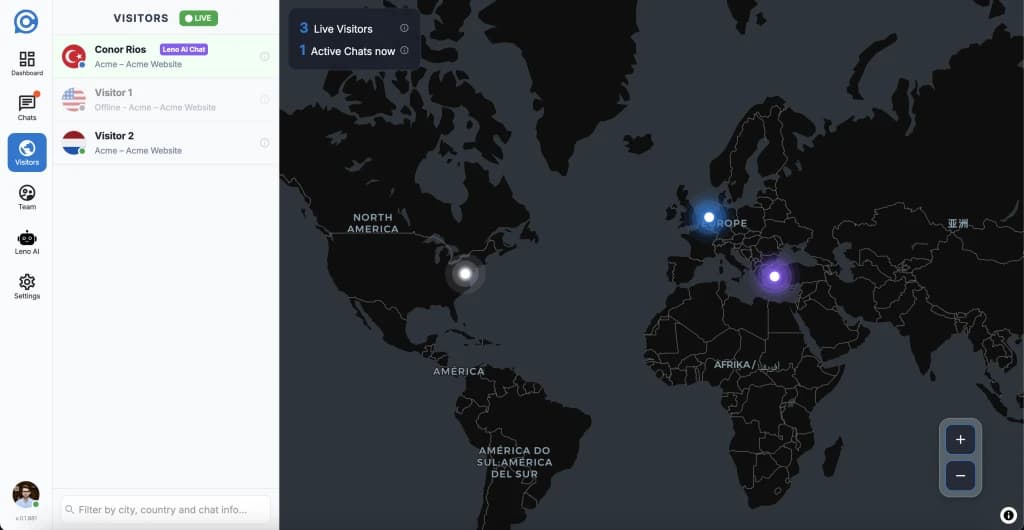 LenoChat Visitors Map showing live website visitors as pins on an interactive world map with a visitor list sidebar