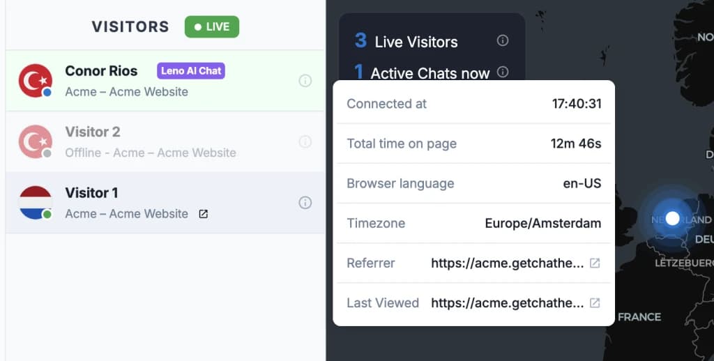 LenoChat visitor sidebar showing a connected visitor row with the detail tooltip open, displaying time on site, browser language, timezone, and referrer