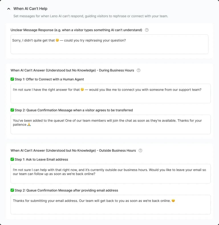 When AI cannot help template fields showing business hours fallback messages and outside hours email submission flow
