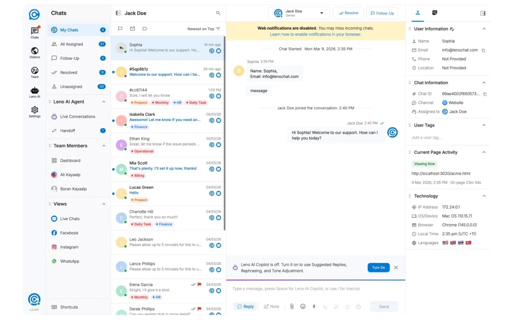 LenoChat chat agent workspace interface showing organised conversations with tags and filters