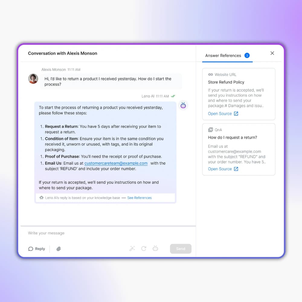 LenoChat AI assistant providing accurate answers using knowledge base references