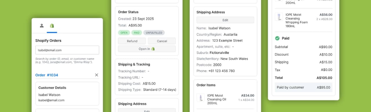 Panel zarządzania zamówieniami LenoChat pokazujący szczegóły zamówień Shopify w czacie