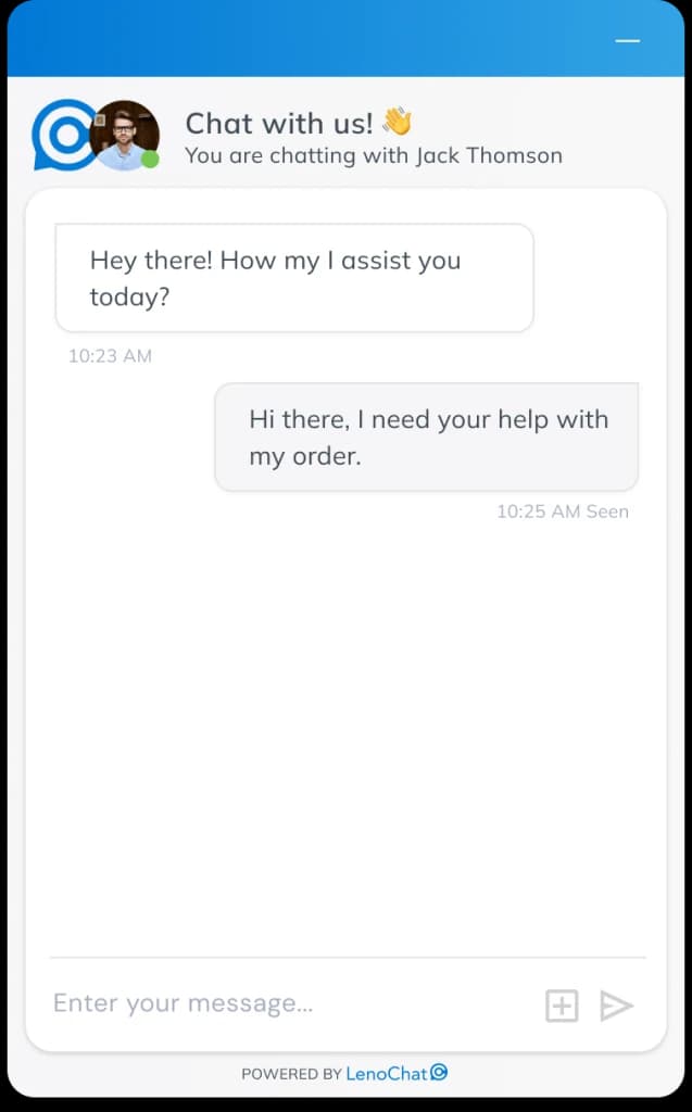 LenoChat chat widget showing assigned agent profile photo and name in the widget header during a live conversation