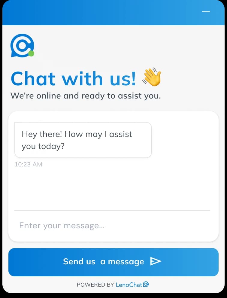 LenoChat chat widget open state after a visitor clicks the Start Chat button, before a conversation has been initiated
