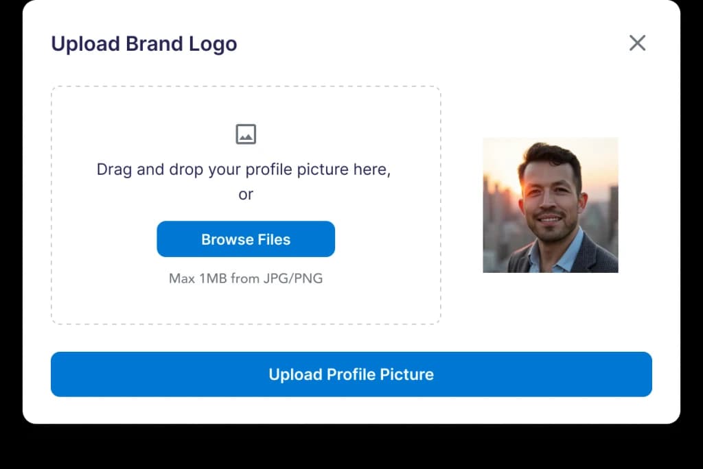 LenoChat profile settings modal showing profile picture upload and personal account configuration options