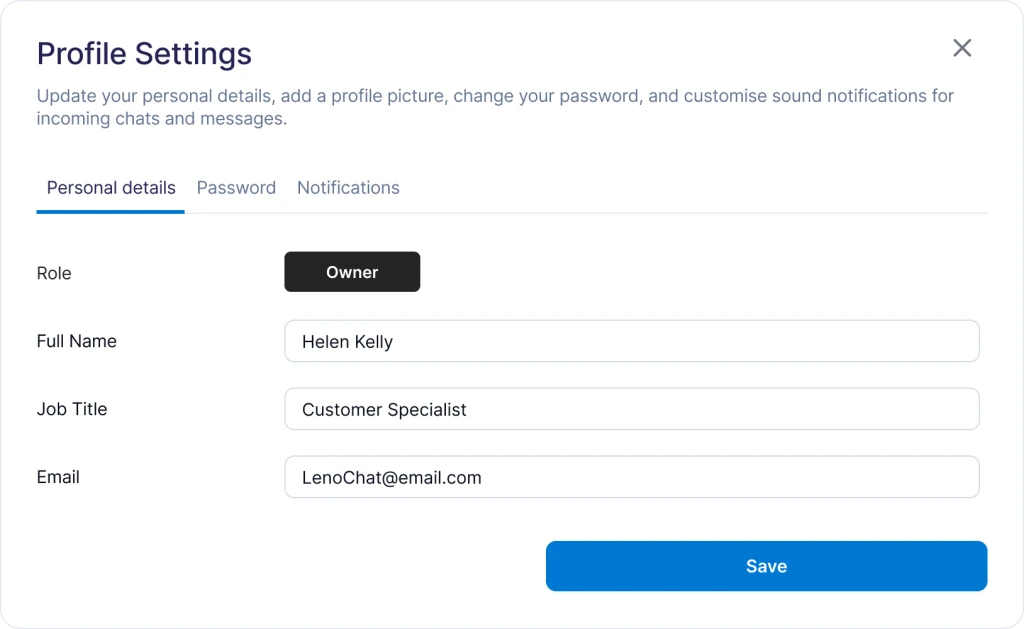 LenoChat Profile Settings modal showing personal details and availability preference options