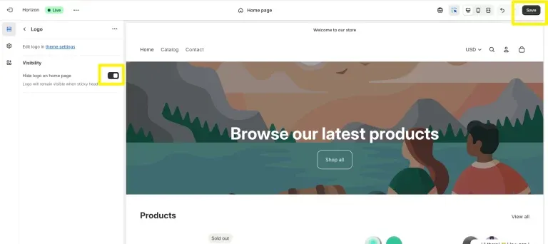Shopify storefront homepage using the Horizon theme showing a live chat bubble enabled via LenoChat App Embeds in the Theme Editor