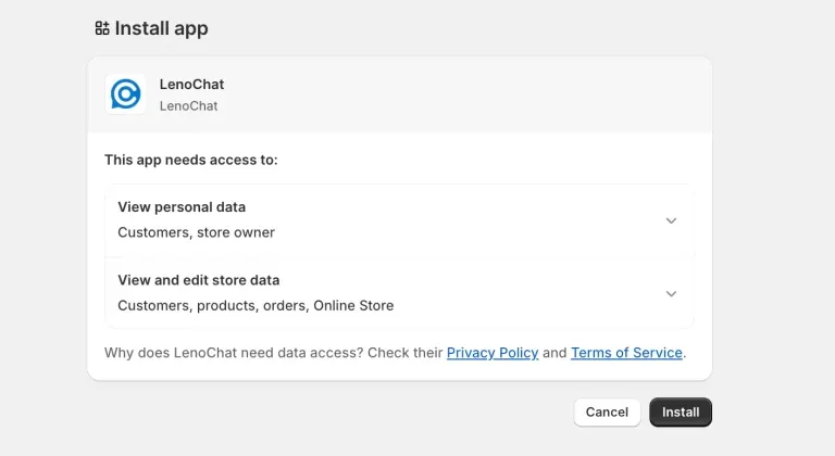 Shopify app installation permissions screen for LenoChat showing data access required for customer support and order management