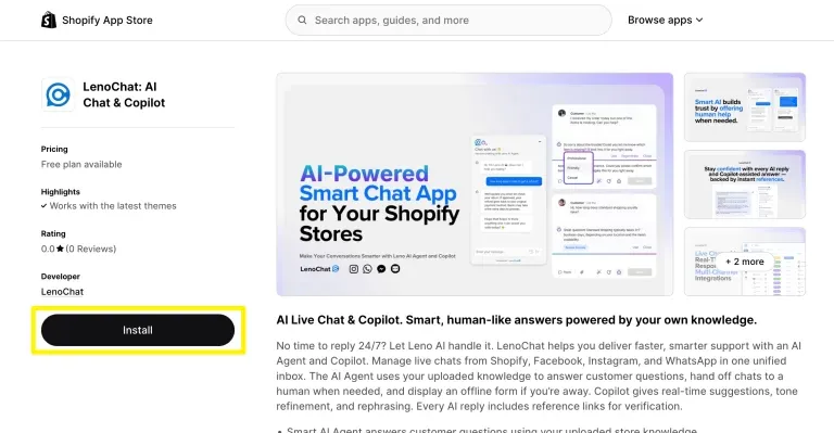 LenoChat AI Chat and Copilot app listing in Shopify App Store featuring AI-powered customer support automation