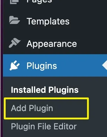 WordPress admin sidebar with Add Plugin option highlighted under Plugins menu