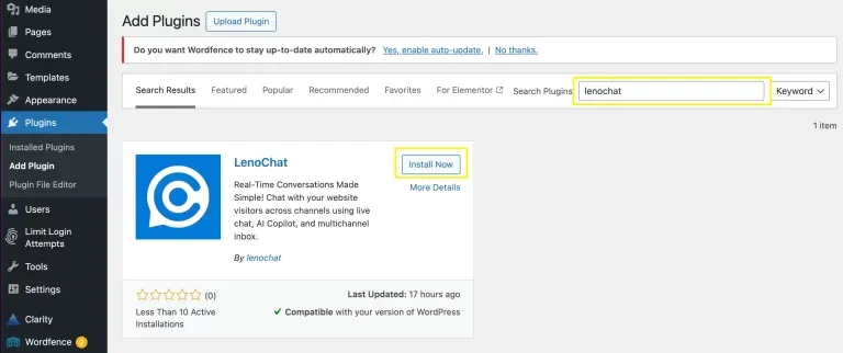 WordPress plugin directory search results showing the LenoChat plugin card with Install Now button