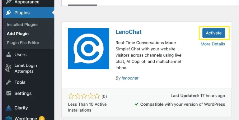 WordPress Installed Plugins page showing the LenoChat plugin active and the Activate button highlighted