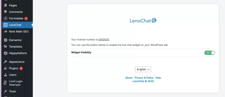 LenoChat WordPress plugin settings page with Widget Visibility toggle enabled
