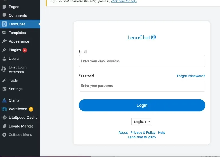 LenoChat WordPress plugin settings page showing the email and password login form to connect your LenoChat account