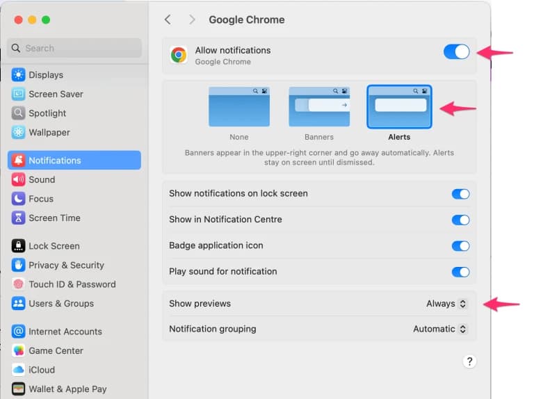 macOS System Settings showing Chrome notification permissions with the Allow Notifications toggle enabled