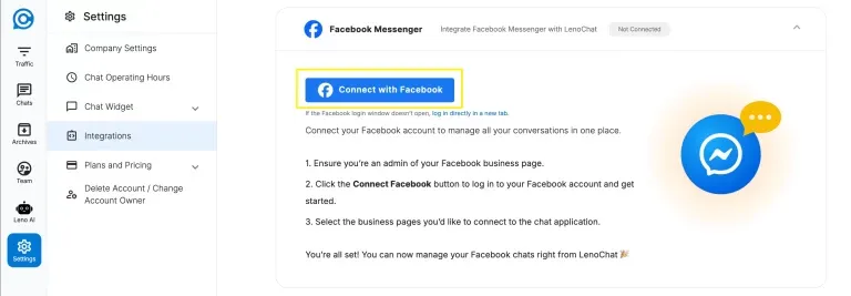 LenoChat Integrations settings panel showing available channel connection options including Facebook Messenger
