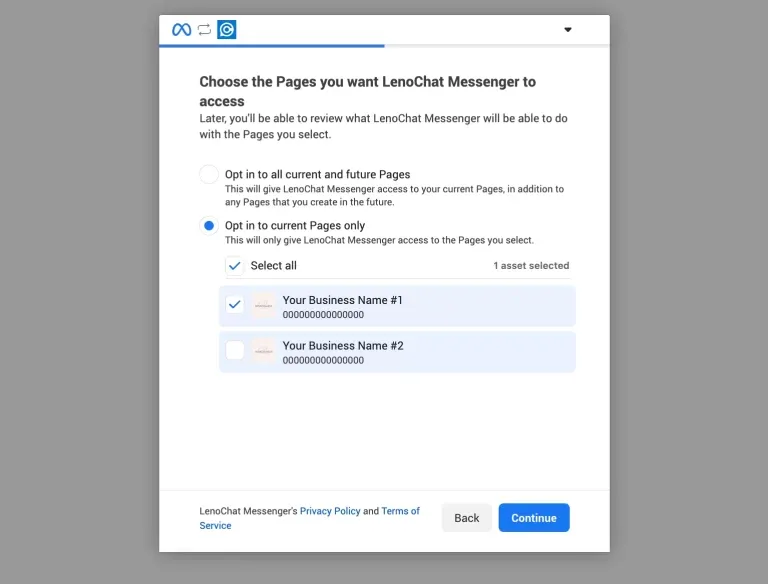 Facebook page selection screen in the LenoChat OAuth flow showing checkboxes for selecting Business pages to connect