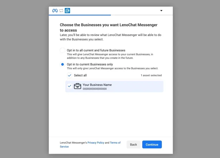 Facebook permissions screen during LenoChat OAuth setup listing the access scopes required for Messenger integration