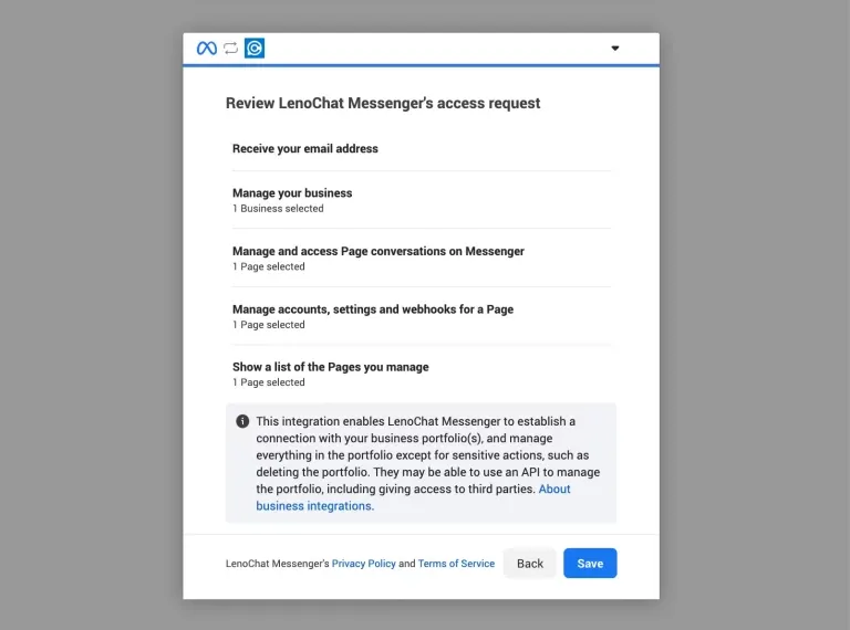 LenoChat authorization confirmation screen showing the final approval step for Facebook business access during Messenger integration setup