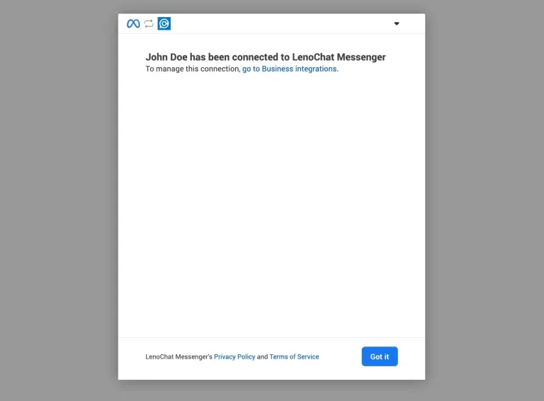 LenoChat success confirmation dialog confirming that Facebook Messenger pages have been successfully connected to the workspace