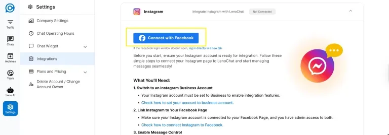 LenoChat Instagram integration settings page showing Connect with Facebook button to start Instagram connection process
