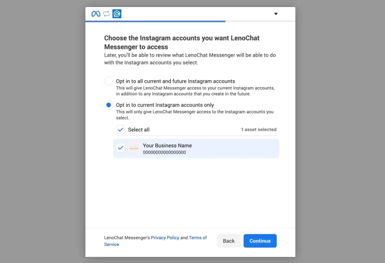 Facebook permissions screen listing instagram_basic and instagram_manage_messages access requests for LenoChat integration